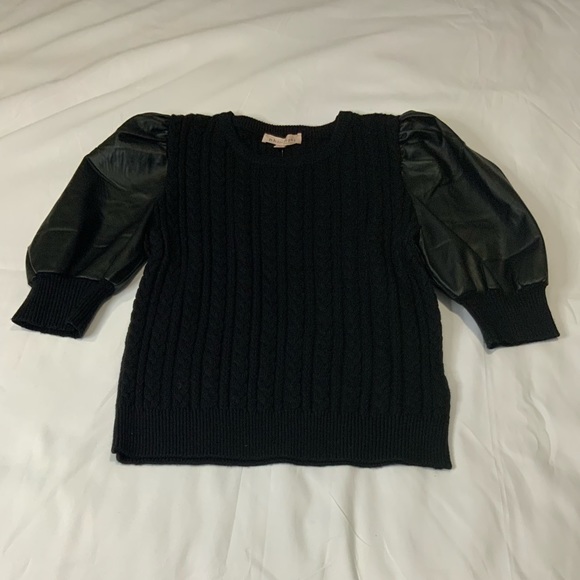 Philosophy black cable knit faux leather puff balloon sleeve sweater size Large - Picture 3 of 6